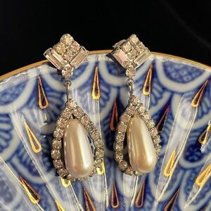 Vintage Silver, Rhinestone & Faux Pearl Teardrop Dangle Earrings